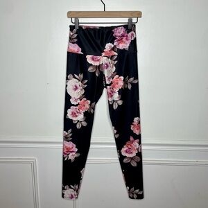 Onzie Hot Yoga High Rise Black Pink Floral Pure Barre Full Length Legging M/L
